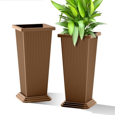 TUYOHW Set of 2 Tall Planters for Plants, 24" Tapered Tall Planters with Tray for Porch, Patio, Backyard, Large Planters for Outdoor Indoor Plants