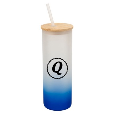 Elanze Designs Q Monogram Letter Initial Rope Circle Wrap-Around Design 25 Ounce Frosted Gradient Glass On-The-Go Coffee Travel Skinny Tumbler Mug