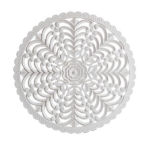 30" Lottie Round Wood Medallion Wall Art White - Brewster: Intricate Botanical Carved Decor - 1 of 4