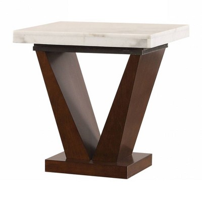 22" V-Base White Marble & Walnut Square End Table