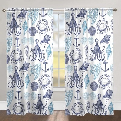 Laural Home Navy Coastal Creatures 84" Sheer Window Panel, 1pc