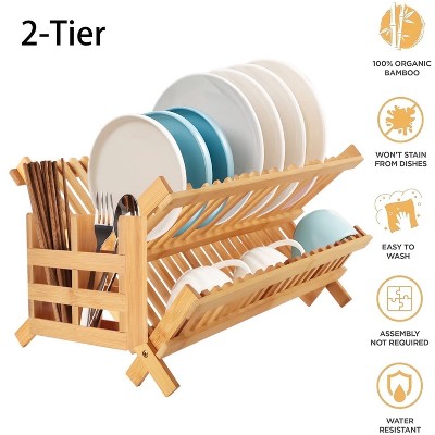 LunaLulinlk Bamboo Drying Rack for Dishes, 2 Tier Wooden Collapsible Dish Rack, Large Drain Rack for Kitchen Countertops, Drying Rack Counter