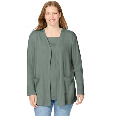 Woman Within Plus Size Two-Pocket Ribbed Cardigan