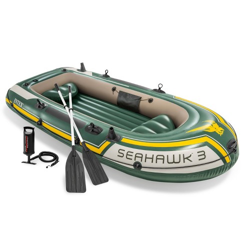Intex Seahawk 3 Person Heavy Duty Inflatable Rafting and Fishing Boat Set  w/ 2 Aluminum Oars, High Output Air Pump, and Carry Bag, 790 Pound Capacity