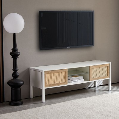 CAVINAS Rattan TV Stand with Variable Color Light Strip Entertainment Center with Adjustable Shelf Media Console