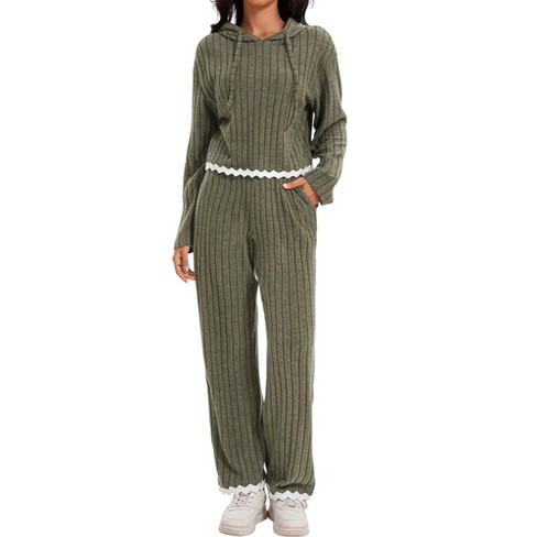 Athlechic Women s Outfits Ribbed Sweater Hoodie Wide Leg Pants Tracksuit Casual Lounge 2 Pieces Set Army Green Large Target