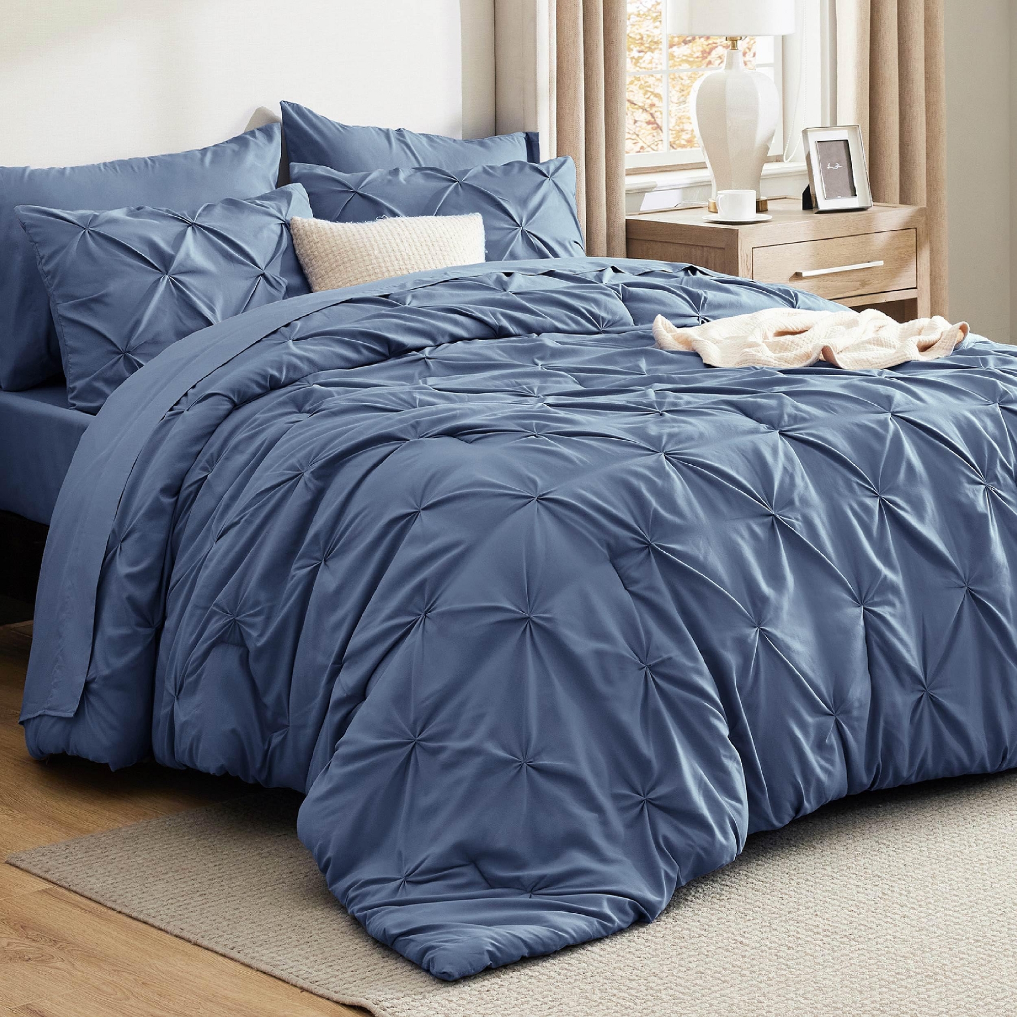 Bedsure Bed in a Bag Comforter Set with Sheets, 7pcs Solid Diamond Pintuck All-Season Bedding, Soft Slate Blue King Bedding Set, Gift for Family