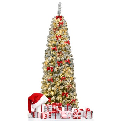 Tangkula Snow Flocked Pencil Pre-lit Christmas Tree with Flexible Stand Thick Leaves LED Lights