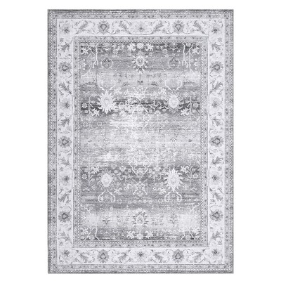 Persian Area Rug Floral Distressed Carpet Machine Washable Area Rug, 3' x 5' Gray