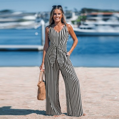 Women's Elegant V-Neck Tie-Front Wide Leg Jumpsuit -Cupshe