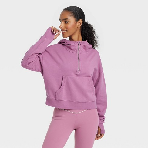 Women s French Terry Fleece 1 2 Zip Hooded Pullover Sweatshirt Joylab Mauve M Target