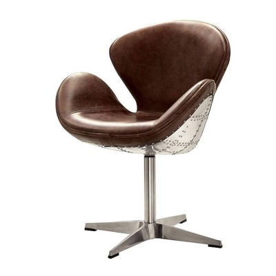 Retro Brown Leather and Metal Swivel Accent Chair
