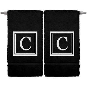 BC BARE COTTON Monogrammed Hand Towel, 100% Turkish Cotton - Set of 2 - Black - White Square - 1 of 1