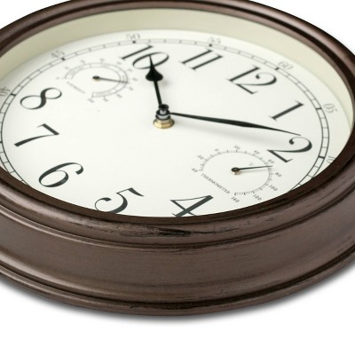 12" Brown Indoor/Outdoor Analog Wall Clock with Thermometer and Hygrometer