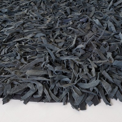 Gray Round Handmade Leather Shag Area Rug