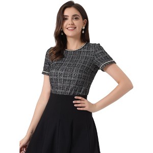 Allegra K Women's Round Neck Pearl Trim Short Sleeve Tweed Blouse - 1 of 4