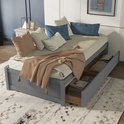CAVINAS Twin Size Bed Modern Pine Bed Frame with 2 Storage Drawers and Slats for Bedroom, No Box Spring Needed