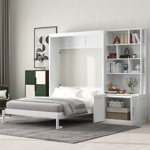 TIRAMISUBEST Full Size Murphy Bed with Multiple Storage Shelves and A Cabinet, Solid Wood Folding Murphy Cabinet Bed with Open Storage - 1 of 4