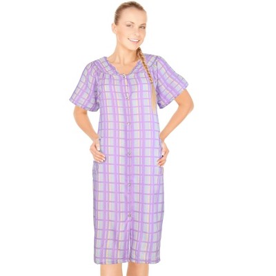 JEFFRICO House Dresses for Women with Pockets - Lightweight Breathable Short Sleeve Muumuu & Nightgowns - Snap Front Housecoat Dusters