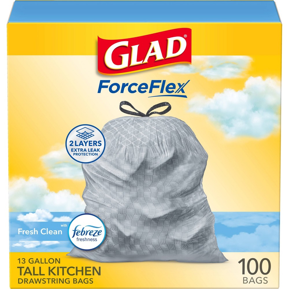 Glad Tall Kitchen Drawstring Trash Bags OdorShield 13 Gallon - Febreze Fresh Clean - Gray - 100ct