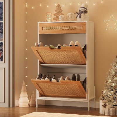 Freestanding Rattan Shoe Cabinet with Flip Drawers & Drawer, Farmhouse Shoe Rack Organizer for Entryway