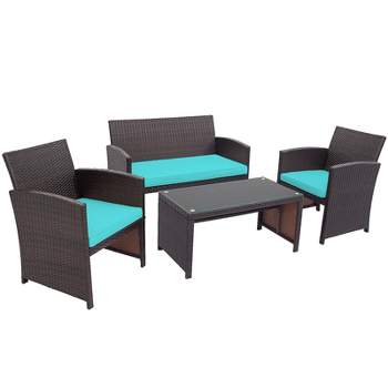 Tangkula 4PCS Outdoor Patio Furniture Sets Weather-Resistant Rattan Sofas w/ Soft Cushion Turquoise