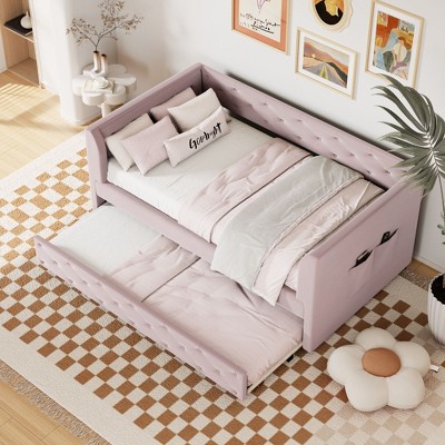 NicBex Twin Size Upholstered Velvet Tufted Daybed with Trundle and Storage Pocket for Bedroom,Living Room,Apartment