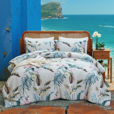 Floral Cotton Comforter Set – 100% Cotton Bedding with Elegant Botanical Print, Soft Lightweight All Season Quilt, King/Queen