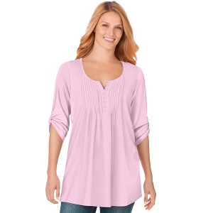 Woman Within Plus Size 7-Day Three-Quarter Sleeve Pintucked Henley Tunic - 1 of 4