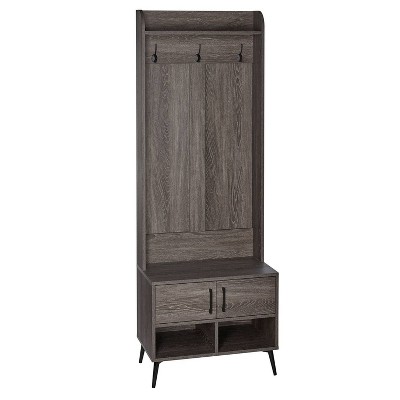RiverRidge Woodbury Hall Tree with Entryway Bench Shoe Storage Coat Hooks & Cubby Storage Weathered Woodgrain