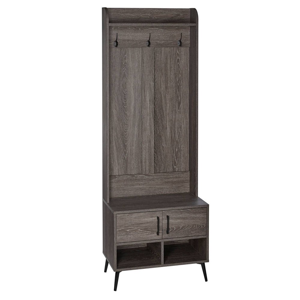 RiverRidge Woodbury Hall Tree with Entryway Bench Shoe Storage Coat Hooks & Cubby Storage Weathered Woodgrain