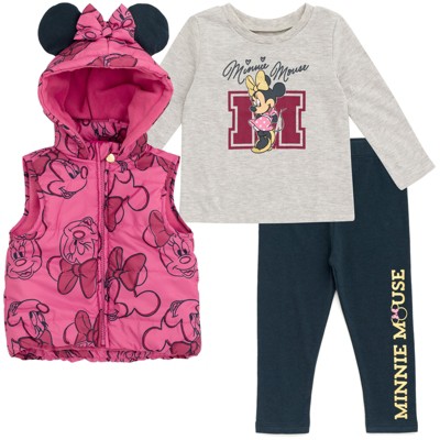 Mickey Mouse & Friends Minnie Mouse Infant Baby Girls Zip Up Vest Puffer T-Shirt and Leggings 3 Piece Outfit Set Pink / Gray 12 Months