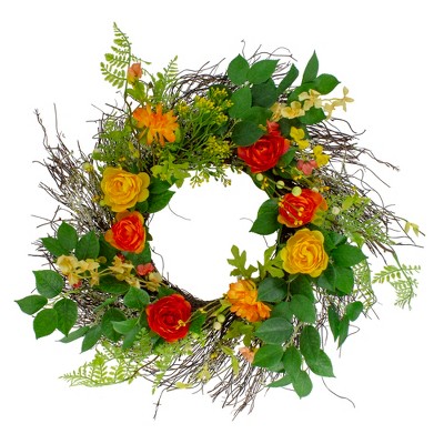 Northlight Ranunculus and Rose Floral Spring Wreath, Orange and Yellow 20"