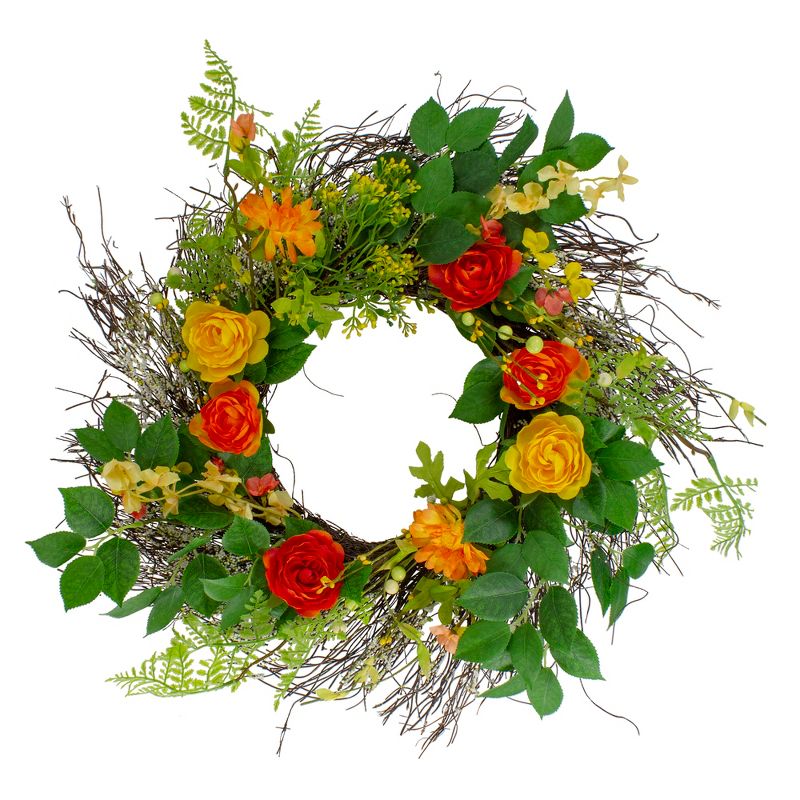 Northlight Ranunculus and Rose Floral Spring Wreath, Orange and Yellow 20", 1 of 5