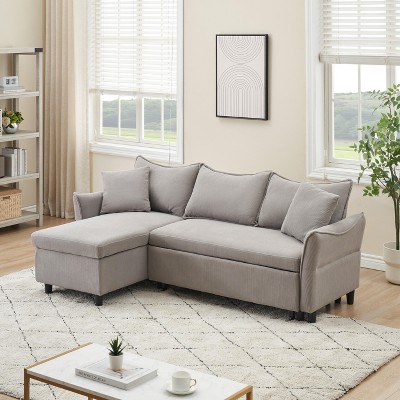 JOYRACER 80" corduroy convertible sofa bed, L-shaped couch with 2 small throw pillows, storage sleeper sofa for small apartments & Living Room