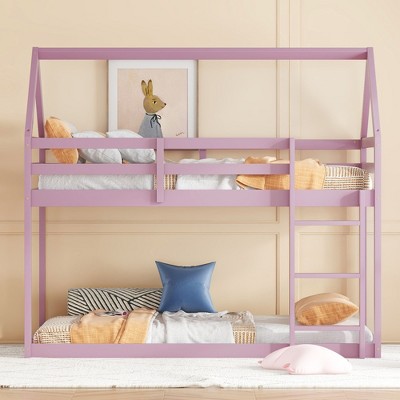 NicBex Twin Over Twin Rubber Wood Bunk Bed with Ladder,House-Shaped Loft Bed with Safety Guardrails for Bedroom,Black/Brown/Pink