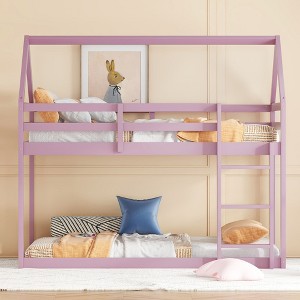 NicBex Twin Over Twin Rubber Wood Bunk Bed with Ladder,House-Shaped Loft Bed with Safety Guardrails for Bedroom,Black/Brown/Pink - 1 of 4
