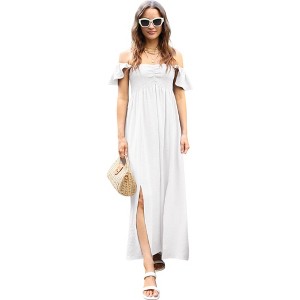 Anna-Kaci Women's Flutter Cap Sleeve Shirred Smocked Bodice Maxi Dress with Front Slits - 1 of 4
