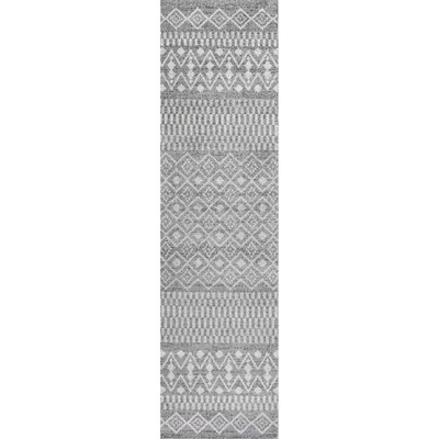 Gray and Cream Geometric Stripe Synthetic Runner Rug, 2 x 8