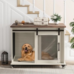 37 Inch Dog Crate Furniture, Indoor Dog Cage with Sliding Barn Door, Flip Top Dog Kennel End Table with Removable Divider - 1 of 4