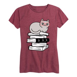 Women's - Instant Message - Cat On Books Short Sleeve Graphic T-Shirt - 1 of 4