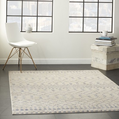 Beige Blue Geometric Hand-knotted Synthetic Rug, 5' x 7'