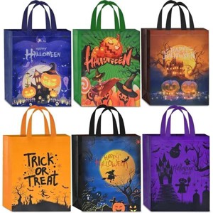 Racxily 6 Pcs Halloween Trick or Treat Bags, Large Candy Tote Bags with Handles, Reusable Non-Woven Gift Bag for Halloween Party Supplies Favors - 1 of 3
