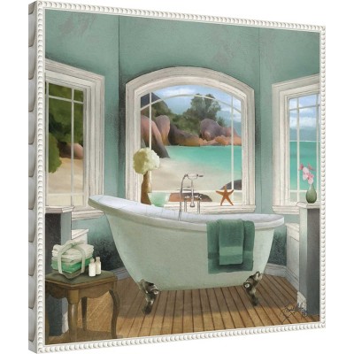 Serene Coastal Bath Scene Canvas Art with White Frame