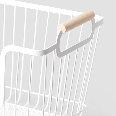 Metal Stackable Wire Pantry Basket with Rubber Wood Handle White - Brightroom&#8482;