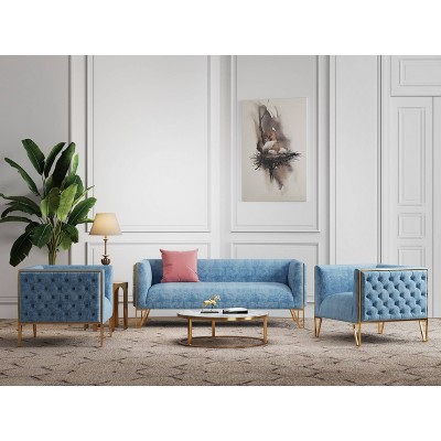 Ocean Blue Velvet Sofa and Armchair Set with Gold Legs