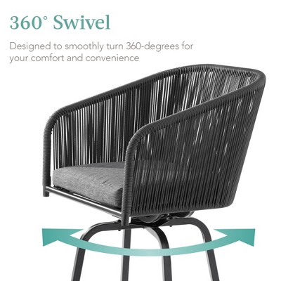 Handwoven Wicker 26" Black/Gray Swivel Bar Chairs with Cushions