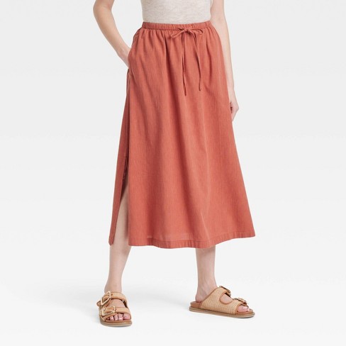 Women's Pull-On Tie Waist Midi A-Line Skirt - Universal Thread™ - image 1 of 3