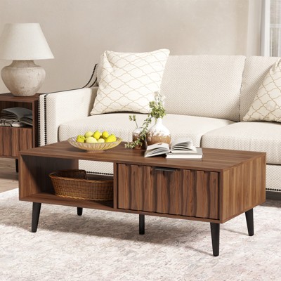 Bekrvio 47.2-Inch Mid Century Modern Coffee Table with Solid Wood Legs, Wood Retro Coffee Table with 2 Drawers Storage, Walnut