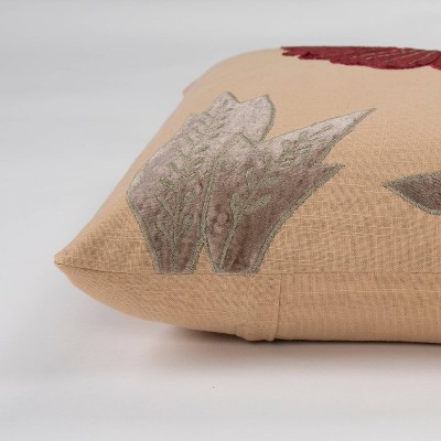 Beige and Red Floral Embroidered Cotton Velvet Throw Pillow